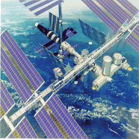 Artist's rendition of AMS(middle left, with a blotch of red) attached to a completed ISS